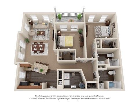 Floor plan for 2 beds, 2 baths, 1186 sqft
